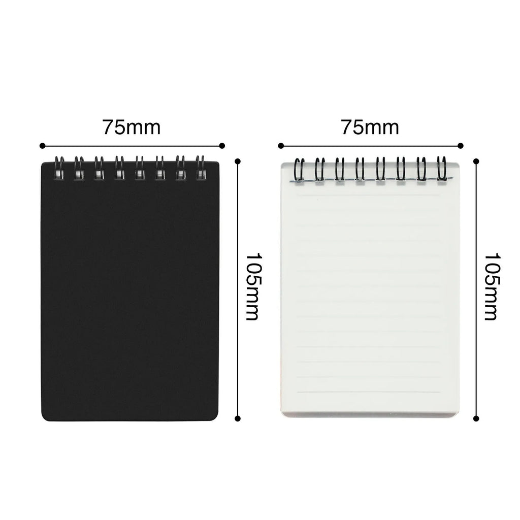 Business intelligence notepad with spiral binding, PP cover in black and white transparent, 105x75mm paper, includes pen and rag