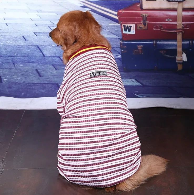 Cotton long sleeve dog bottoming shirt in blue or red, four legged design for medium and large dogs, sizes 30-36