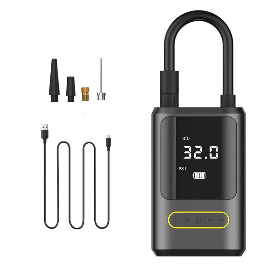 Handheld wireless digital air pump with display screen and LED light for car tyres