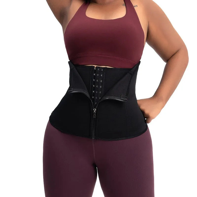 Neoprene body shaping belly band in black for waist training and yoga, with adjustable fit