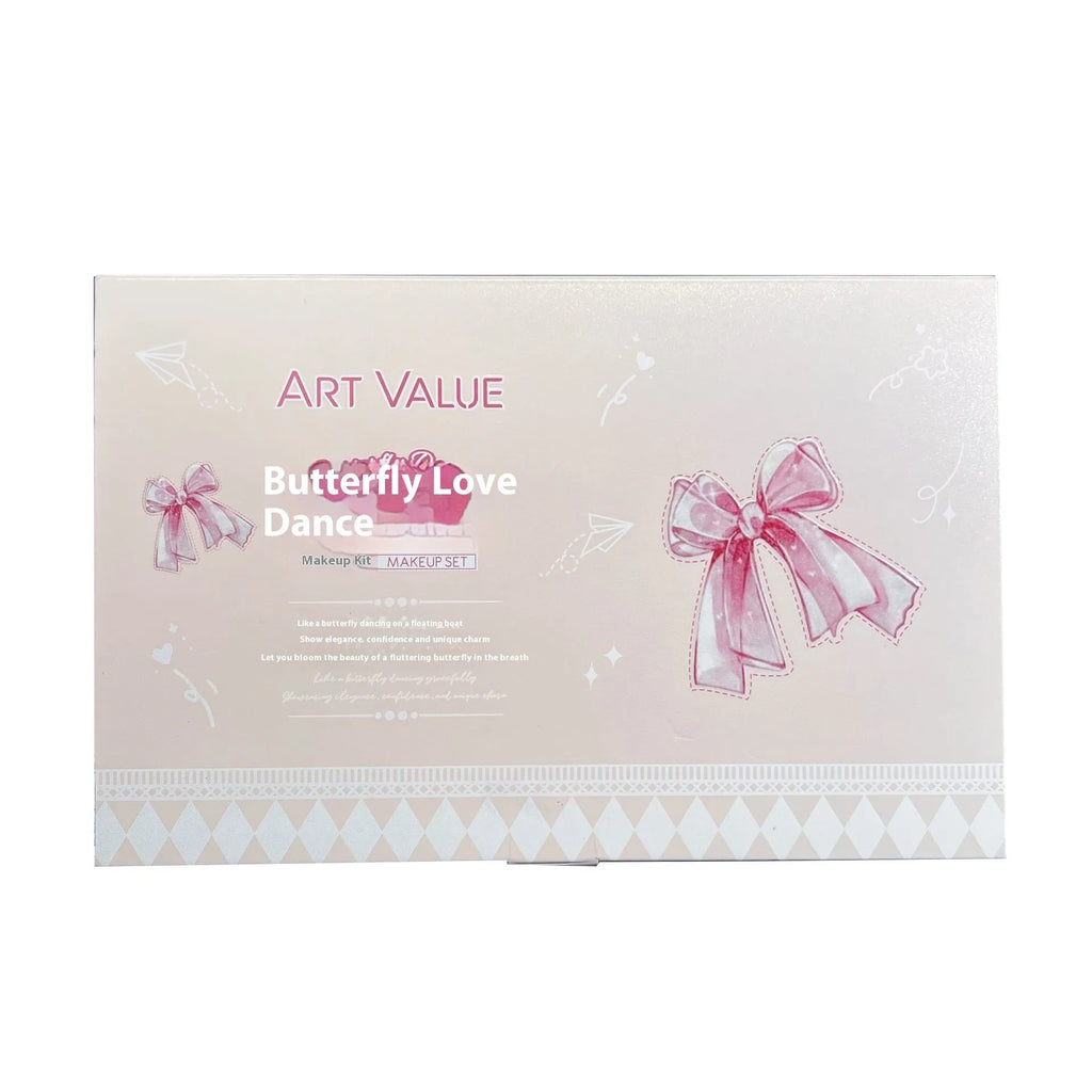 Butterfly Box makeup set with four pink lip mud containers, powder blusher, and necklace