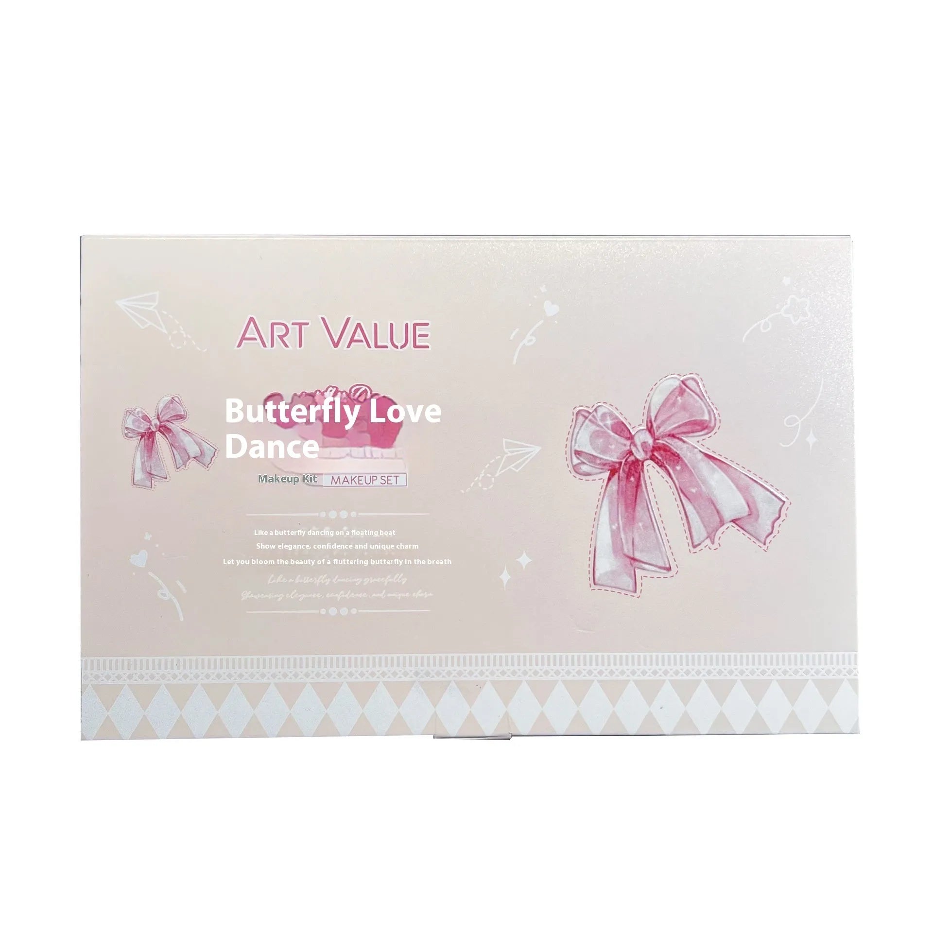 Butterfly Box makeup set with four pink lip mud containers, powder blusher, and necklace