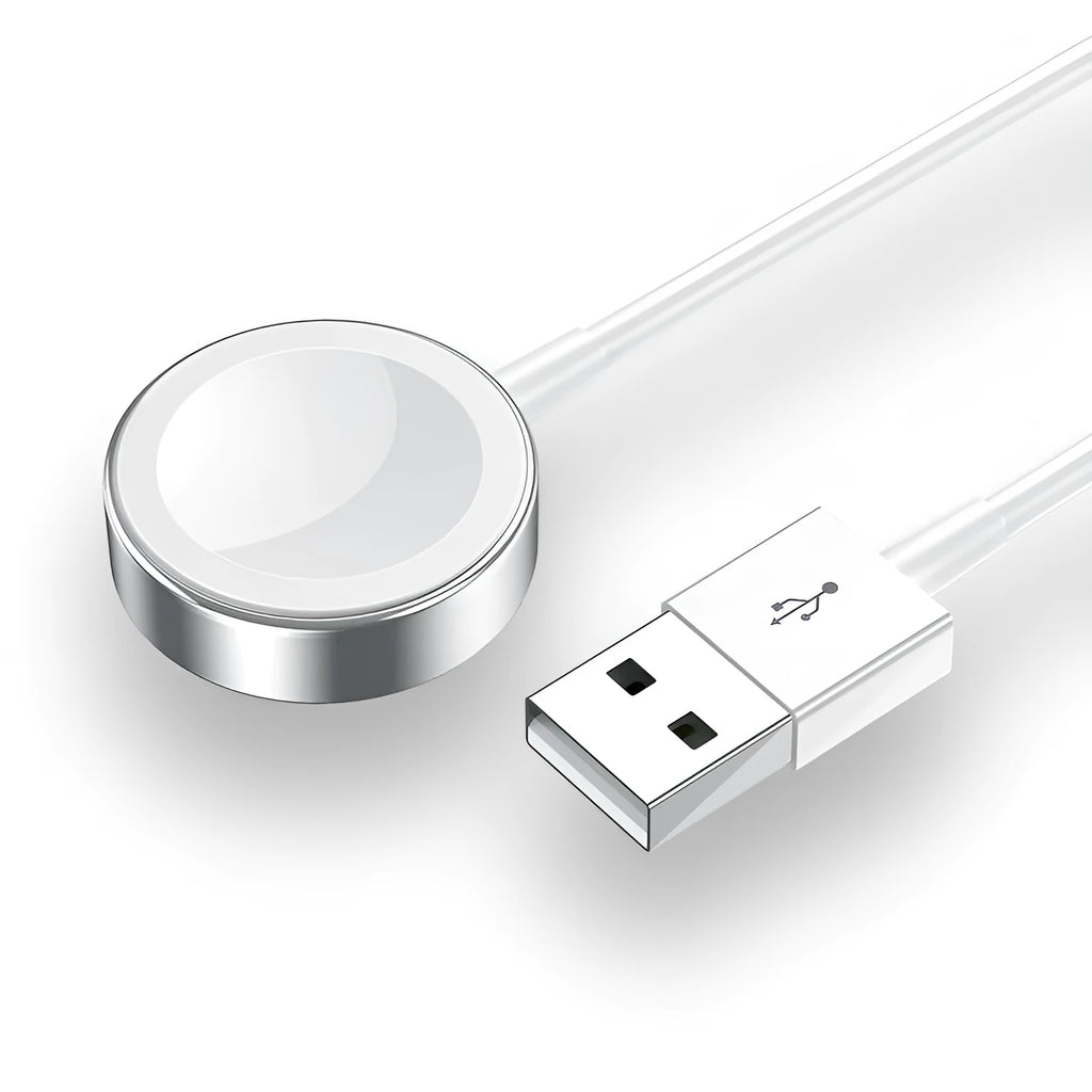 White ABS and stainless steel Apple Watch wireless charger with 1m cable and USB port