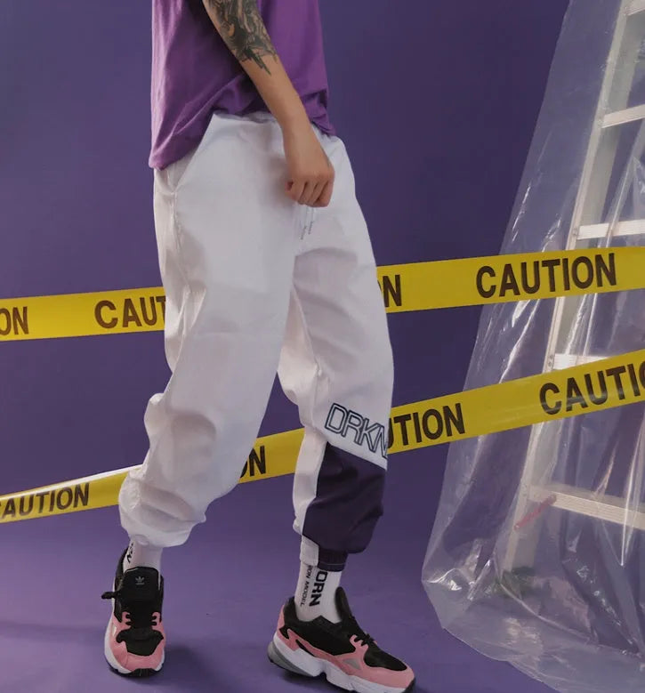 Japanese hip hop trousers with colour stitching, printed letters and bouquet foot in green or white