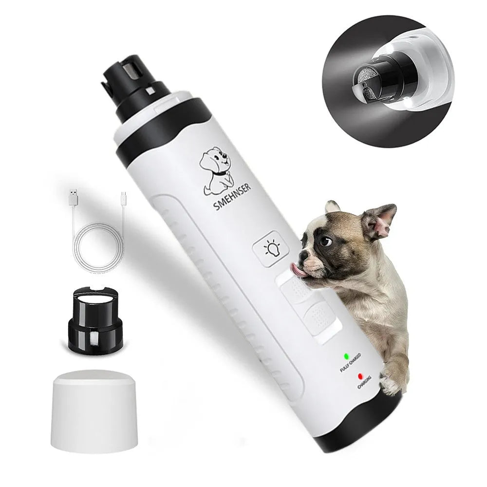 White handheld electric dog nail grinder with LCD display showing speed settings and dust collection compartment