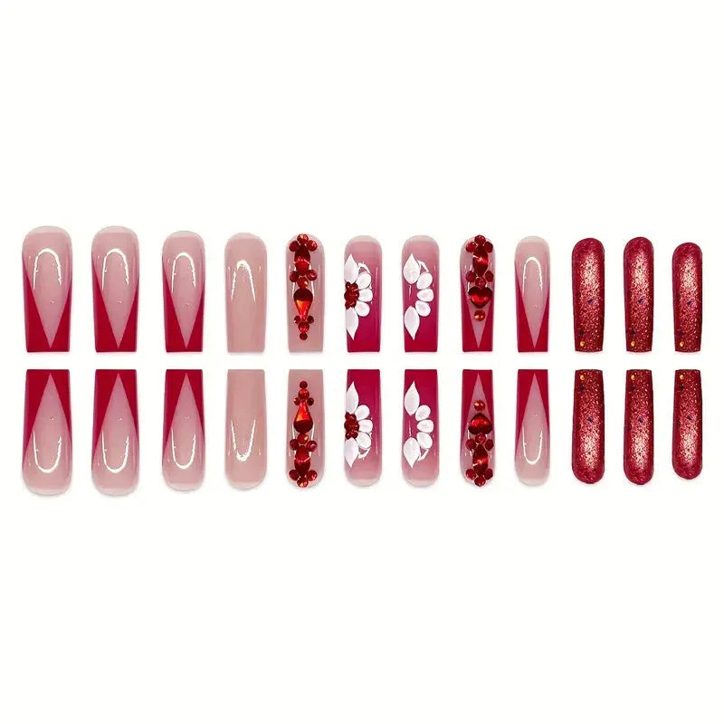 Artificial nails with floral patterns and red diamond designs in European square long style