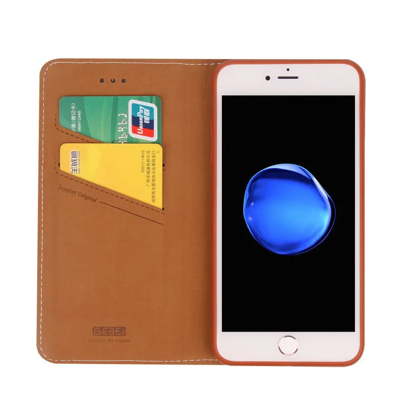 PU leather wallet phone case for iPhone showing card slots and cash compartment in khaki colour