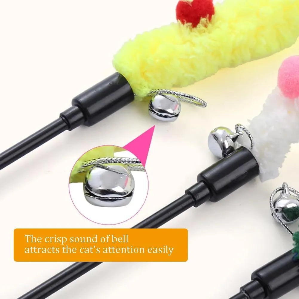 Cat wand toy with colourful feather and bell plush strip on 41cm pole