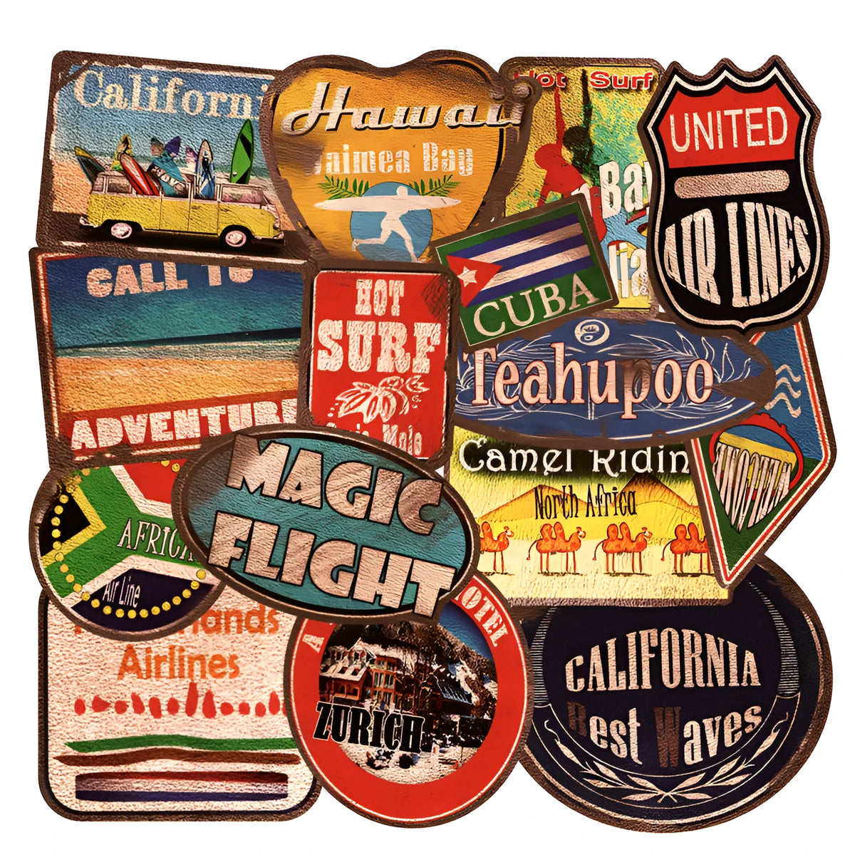 36 piece retro beach sticker collection with surfing theme, PVC material with matte finish, sizes 6-10cm