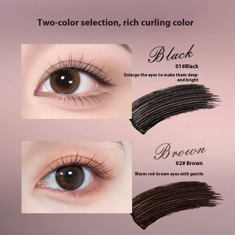 Long curling mascara tube in black or brown shades with standard wand applicator
