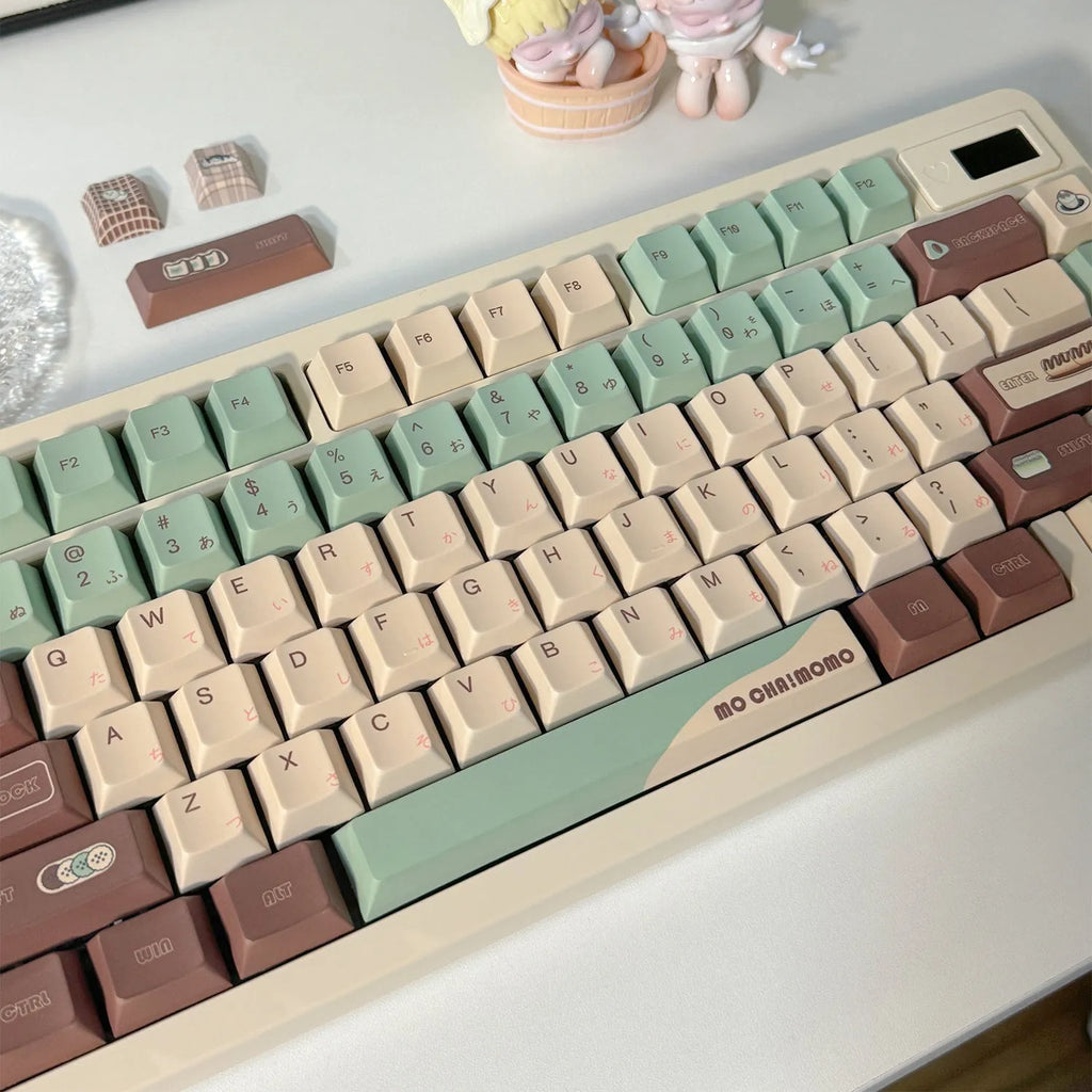 Matcha green mechanical keyboard keycap set with five-sided sublimation printing and key puller tool on a white background.
