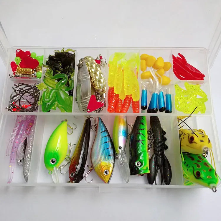142-piece fishing lure kit with hard mino designs, metal and plastic components in assorted colours