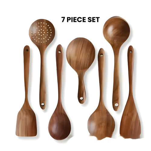 7-piece wooden kitchen utensil set with spoons and spatulas in natural wood material