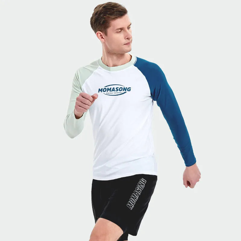 Men's white long-sleeve V-neck swim top with matching blue swim trunks set.