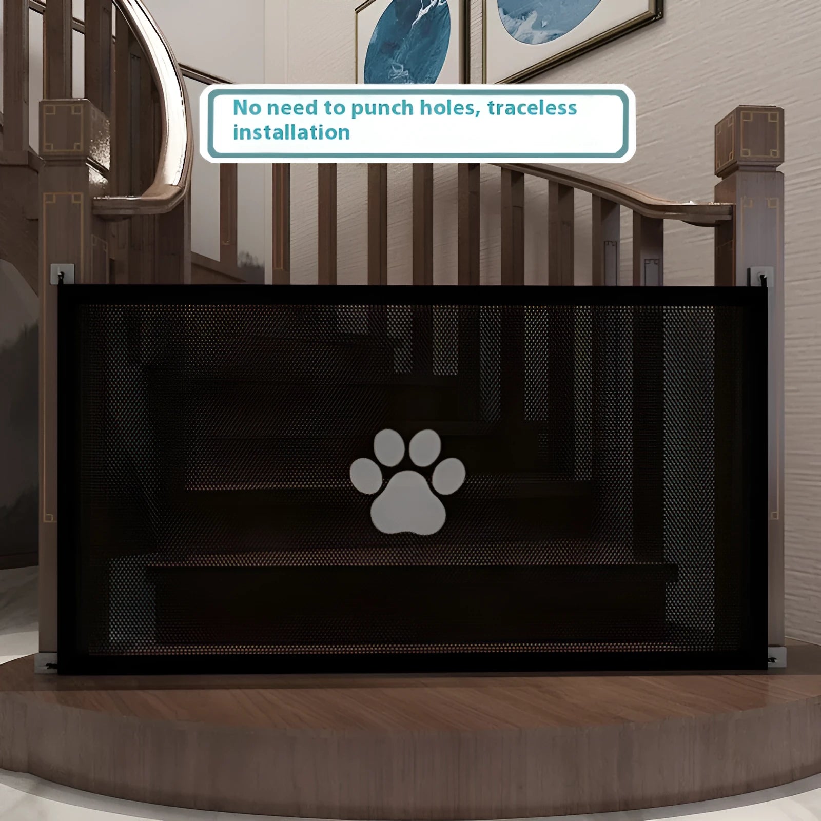Portable folding cloth dog barrier net fence with pet doorsill in doorway
