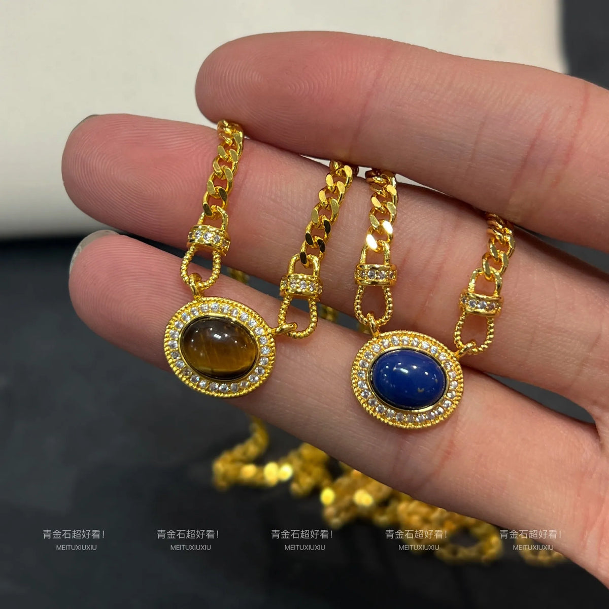 Women's geometric lapis lazuli pendant necklace on copper Cuban chain, collarbone length