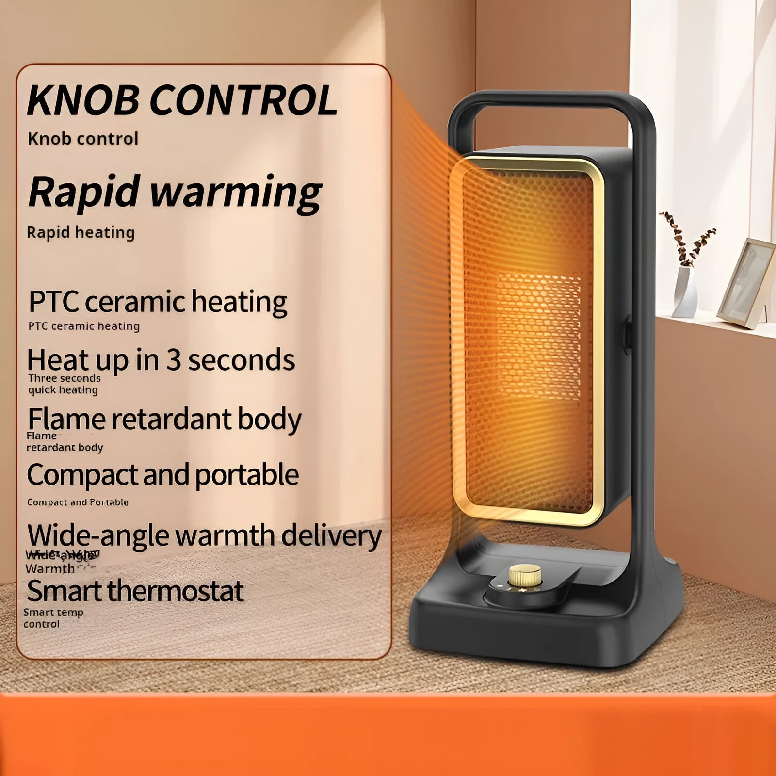 Black desktop PTC ceramic heater with knob control, measuring 14.9cm wide by 33.5cm tall