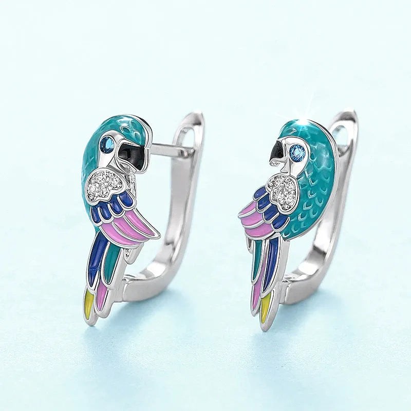 White gold colour copper ear clip with parrot bird ornament and inlaid zircon stones