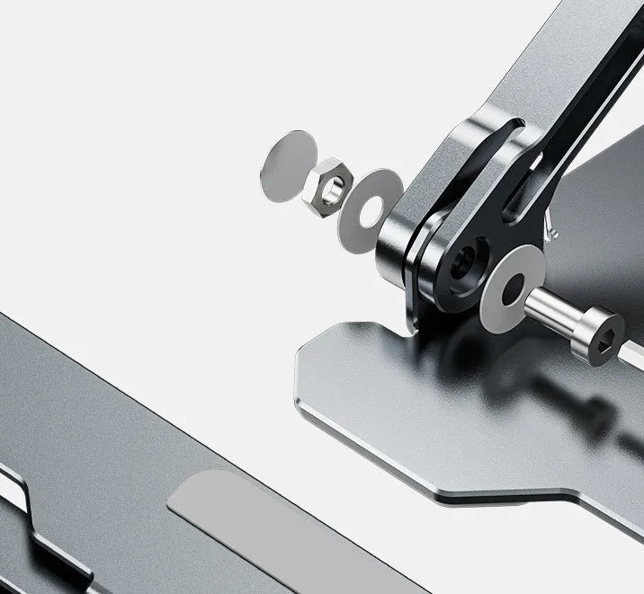 Grey adjustable aluminium laptop stand in folded and unfolded positions showing hollow design