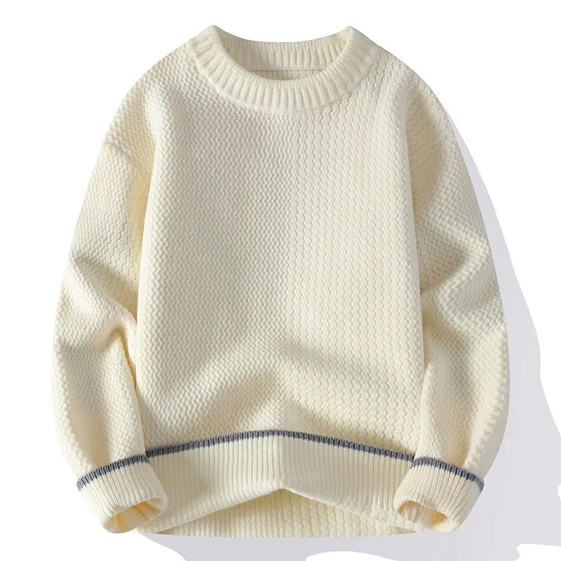 Men's loose fit round neck long sleeve pullover sweater in grey on a hanger