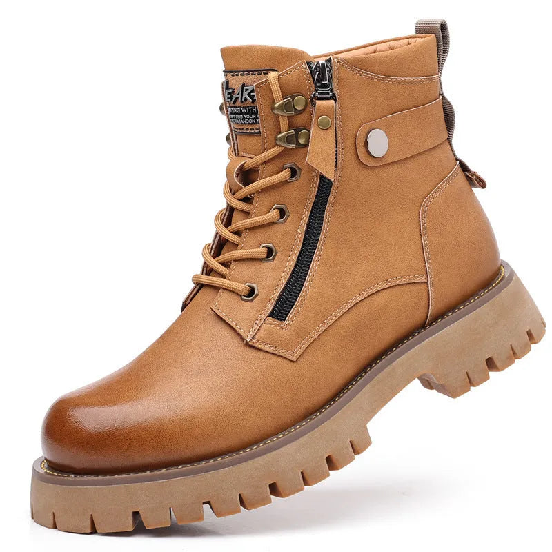 Men's brown leather high-top Martin boots with side zipper and round toe