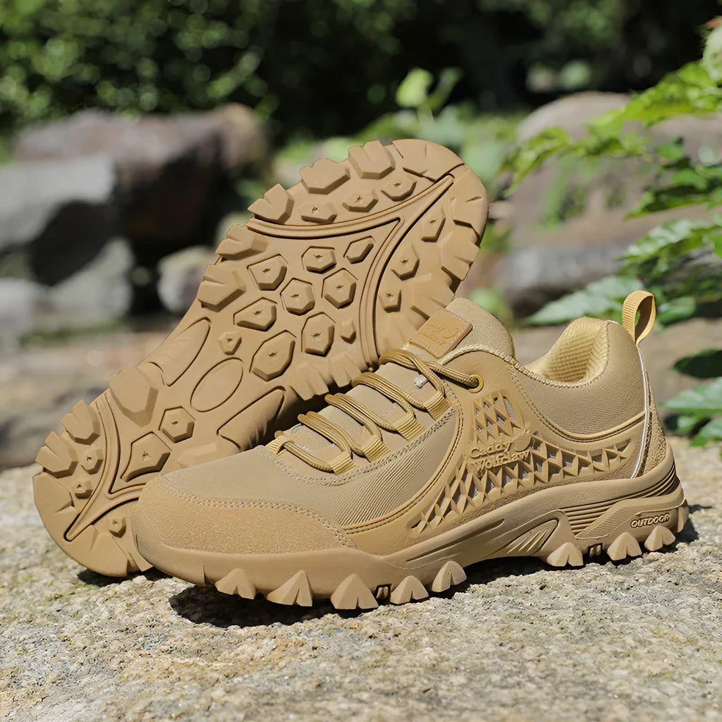 Men's khaki hiking shoes with non-slip platform sole and PU mesh upper, low-top lace-up design for outdoor mountaineering
