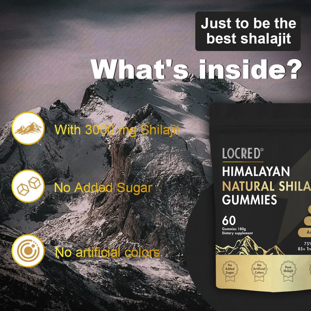 60 count natural flavored Shilajit gummies for women and men in a pouch, vegan with fulvic acid and Ayurvedic herbs