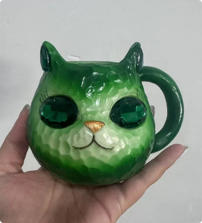 American style resin cat cup decorative figurine in purple, green, blue, or pink.