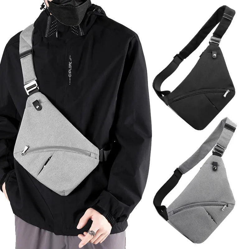 Men's black Oxford cloth chest bag worn on left shoulder with letter accent detail