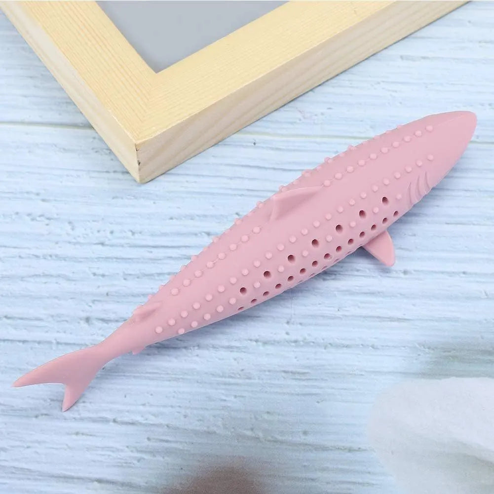 Green pink purple silicone cat fish chew toy with dolphin shape and breathable side holes