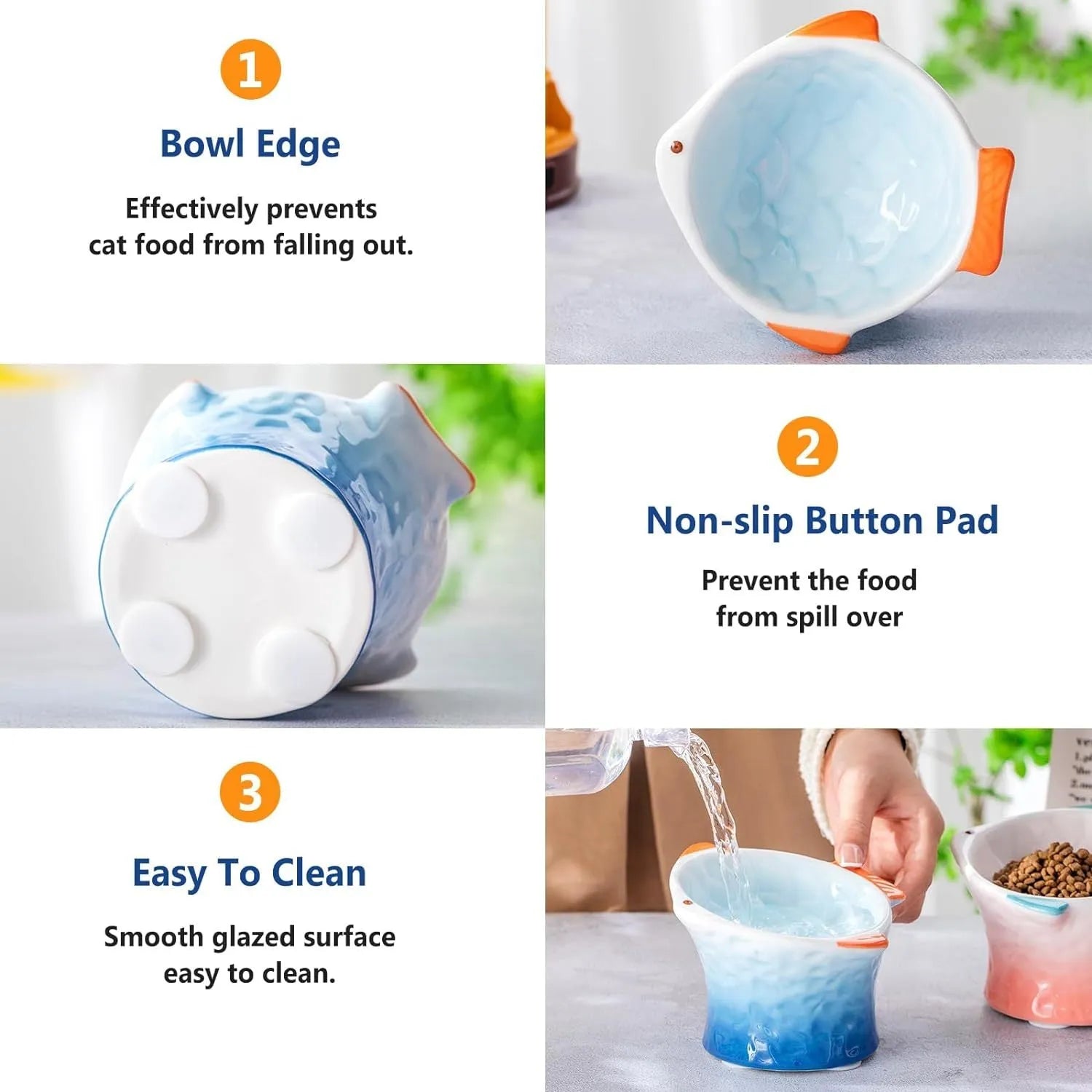 Blue ceramic cat food bowl in a fish shape with a tilted, elevated design and non-slip base.