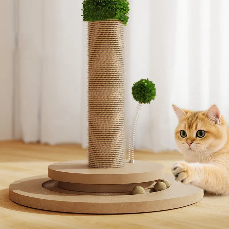 Vertical cat climbing frame with canna-coloured hemp rope scratching posts and density board platforms