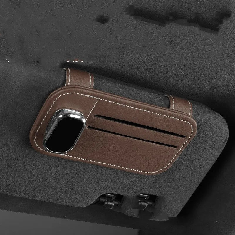 Car sun visor storage organiser with card holder and glasses clip made from cowhide leather