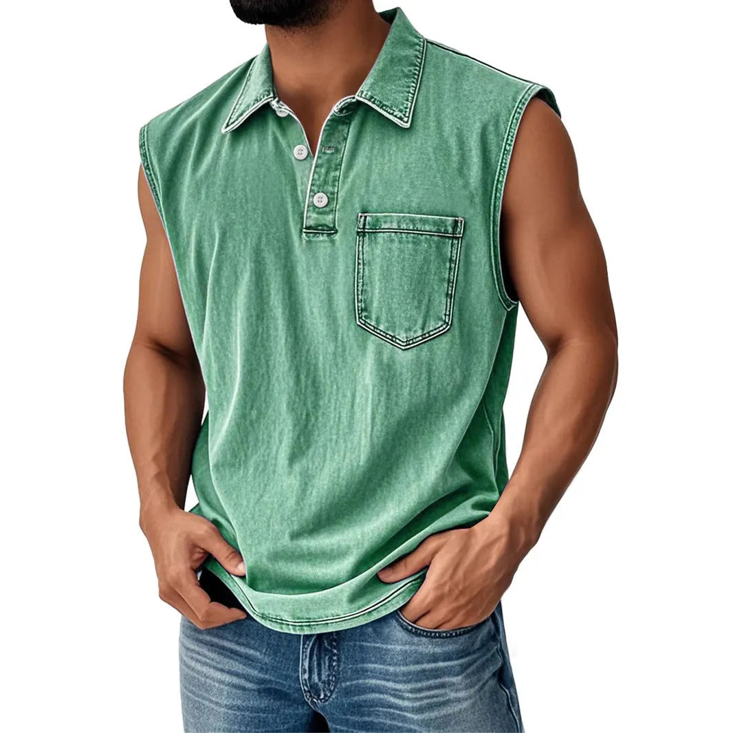Man wearing a short-sleeved 3D digitally printed button polo shirt in a loose fit.