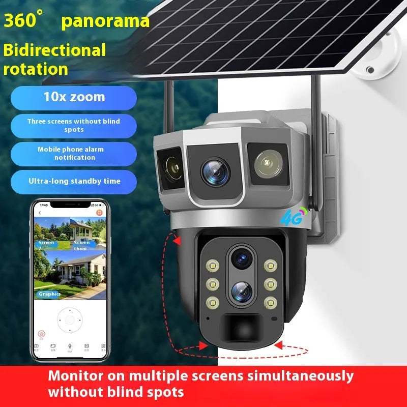 V380 outdoor security camera with monitor showing three-screen display and solar panel accessory