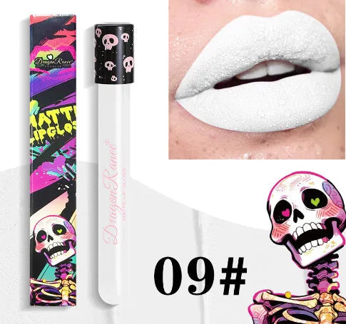 Halloween themed matte lip gloss in test tube skull packaging showing gold and silver colour options