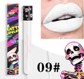 Halloween themed matte lip gloss in test tube skull packaging showing gold and silver colour options