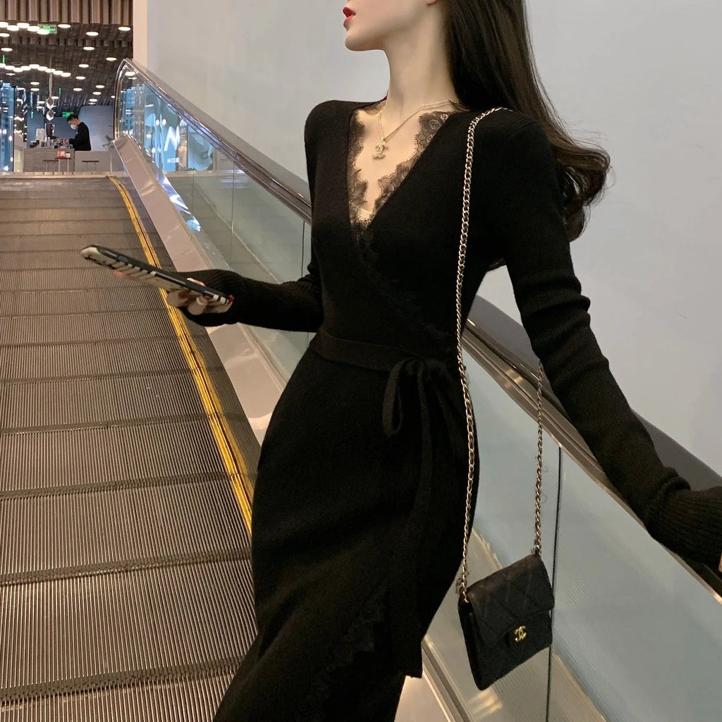 Women's black slim fit wool blend princess dress skirt showing front and side views