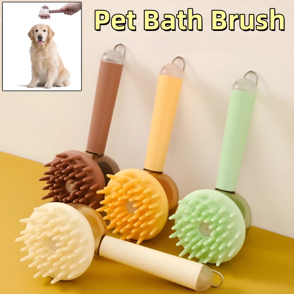 3 in 1 pet bath brush with shampoo dispenser, silicone soft nails, non-slip 18cm handle, for dogs and cats