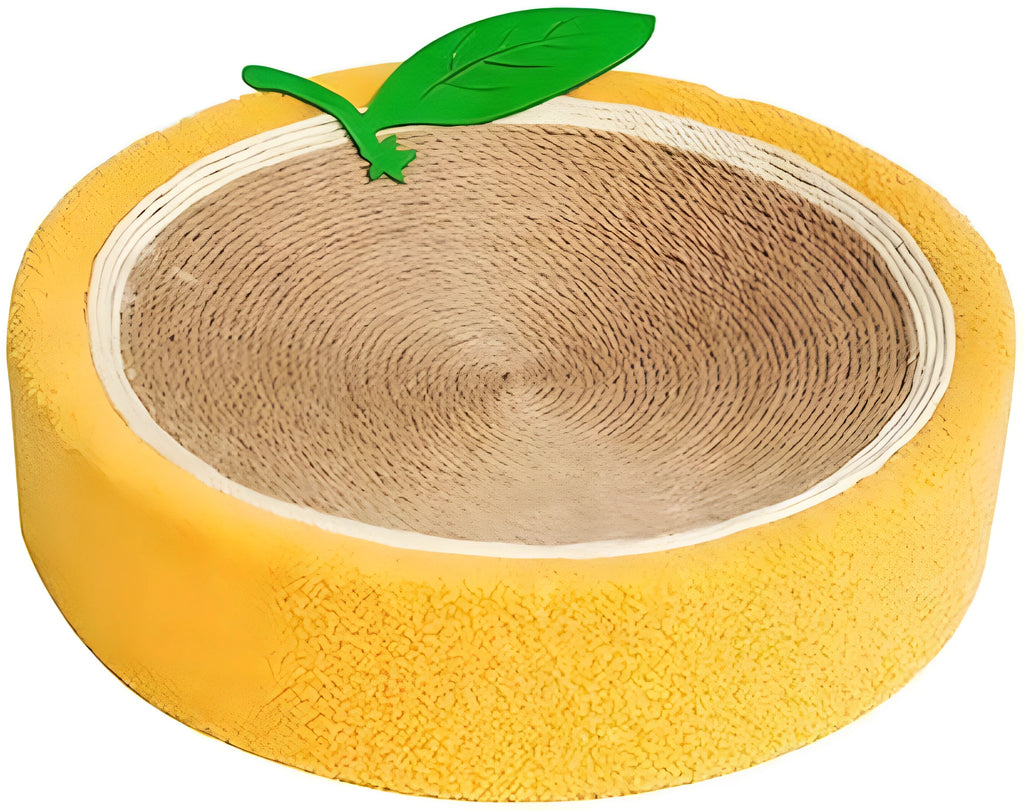 Yellow round fruit-shaped sisal cat scratching board and bed for small cats