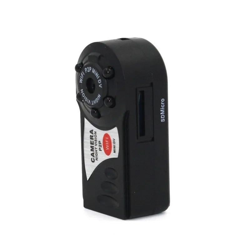 Black wireless network camera with lens, LCD screen, and Wifi for remote monitoring.