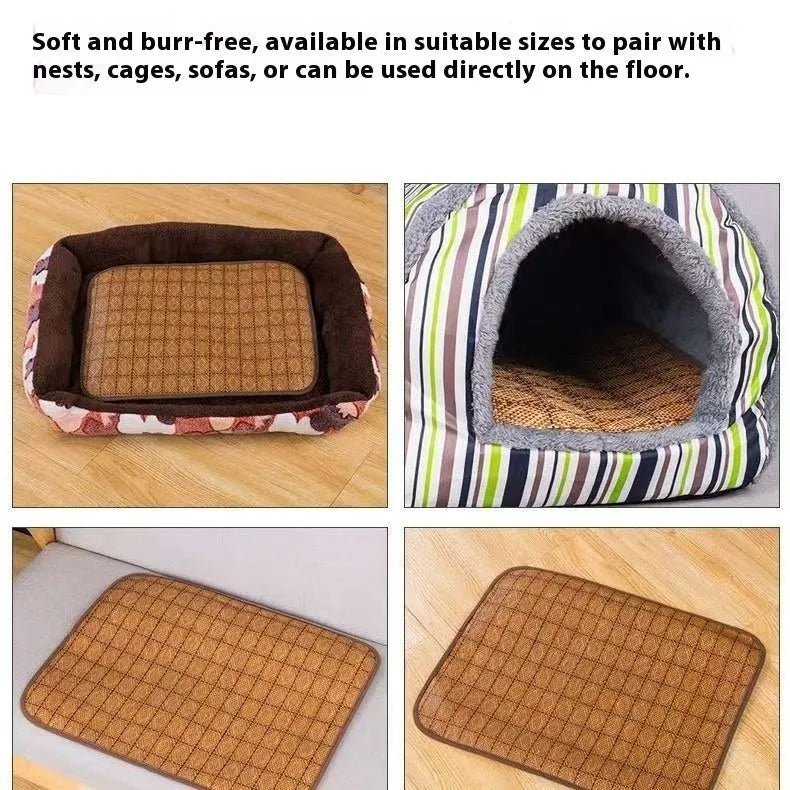 Brown woven rattan dog cooling mat showing open weave pattern for air circulation