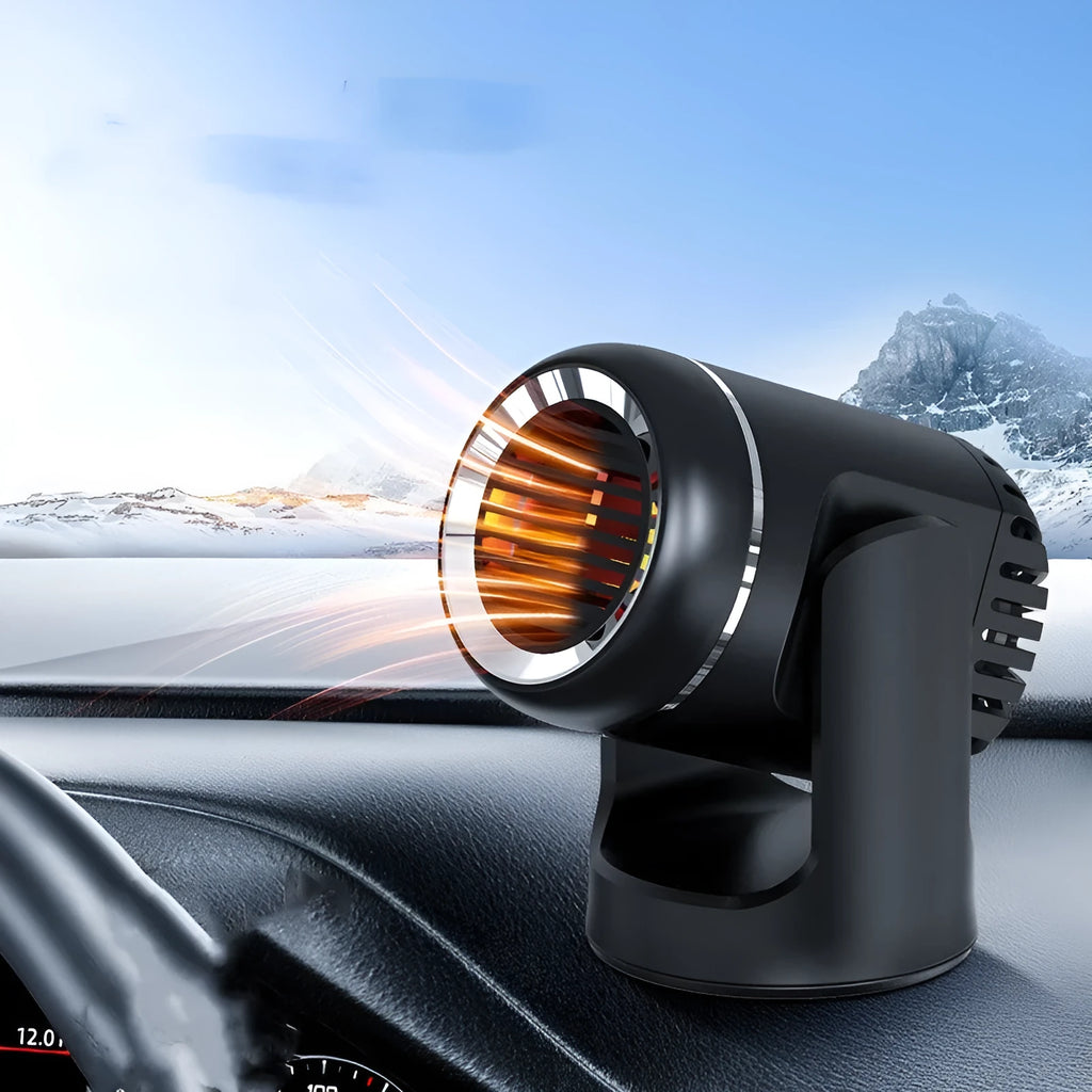 Black and white 12V car heater defroster with 1.5m power cord for vehicle windscreen clearing