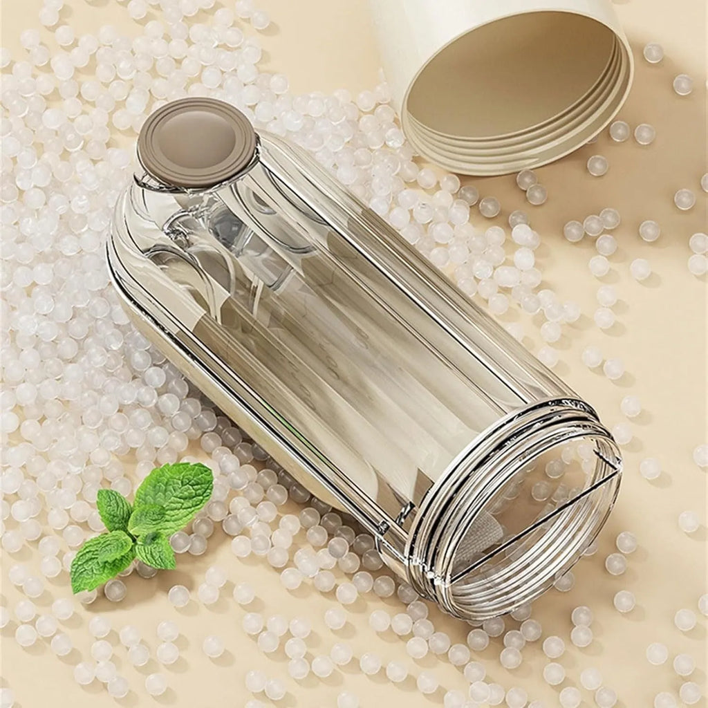 Beige or green foldable dog water bottle and food dispenser for outdoor walking and hiking