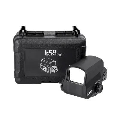 Tactical red dot sight with holographic reflex display mounted on a 20mm firearm rail