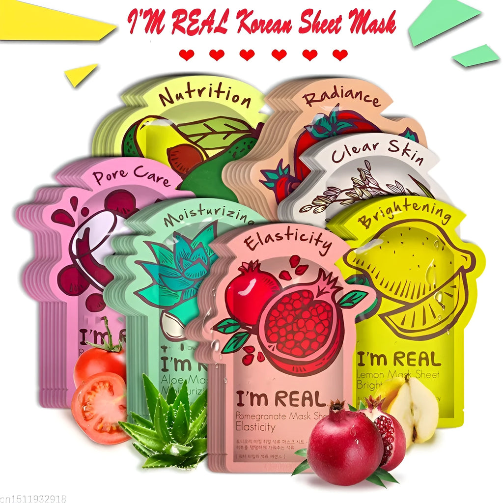 I'm REAL Korean sheet face mask in aloe, avocado, and honey variants, 10-piece packs, for moisturising and oil control