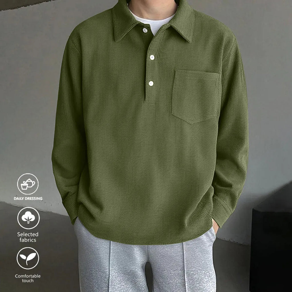 American retro casual bottoming shirt in loose pullover style, available in black, dark gray, and green colours