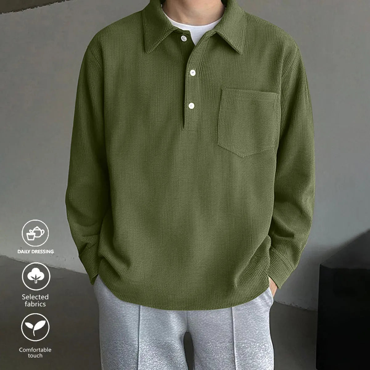 American retro casual bottoming shirt in loose pullover style, available in black, dark gray, and green colours