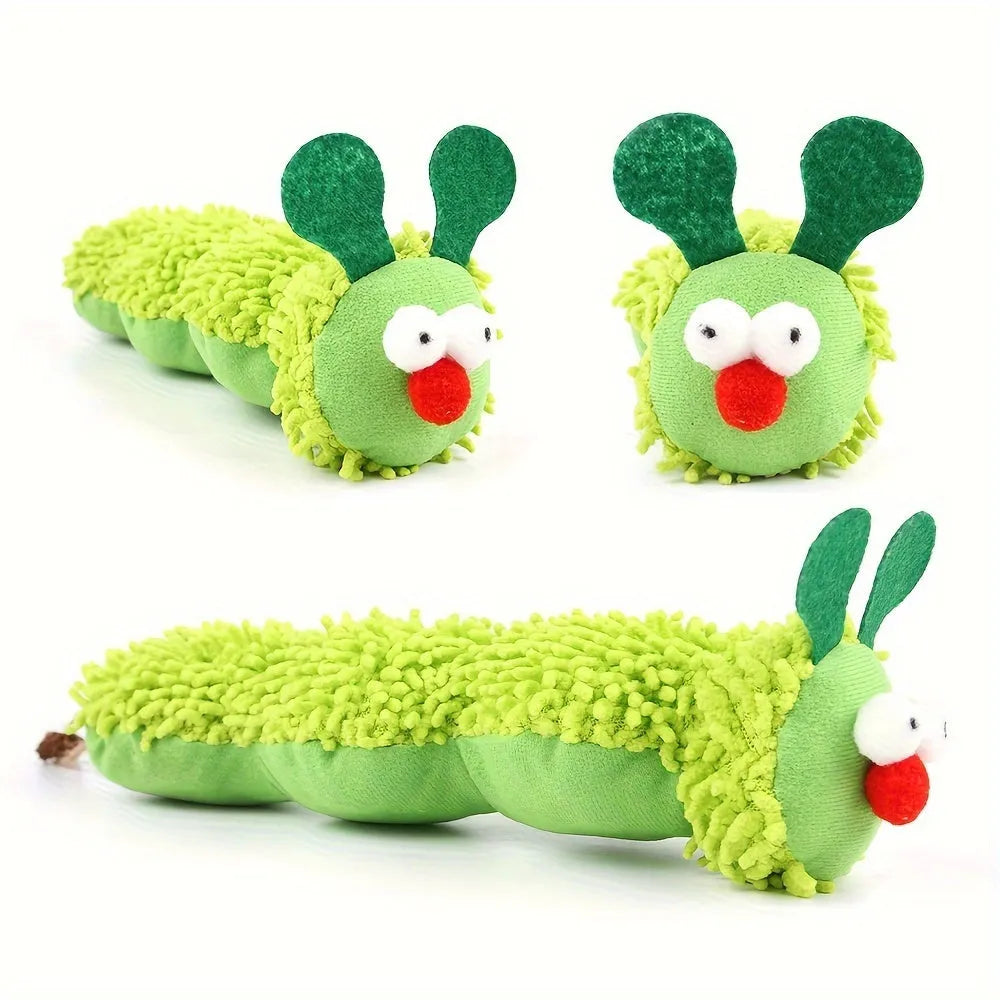 Green interactive plush cat toy pillow measuring 24cm long with sports design