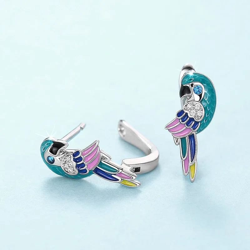White gold colour copper ear clip with parrot bird ornament and inlaid zircon stones